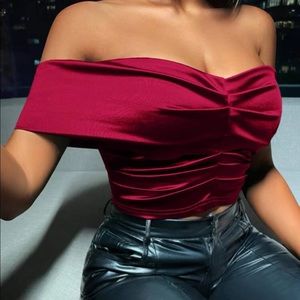 Shein off the shoulder rouched burgundy satin top